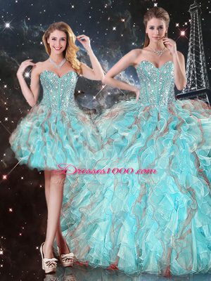 Fabulous Floor Length Lace Up Sweet 16 Dresses Aqua Blue for Military Ball and Sweet 16 and Quinceanera with Beading and Ruffles