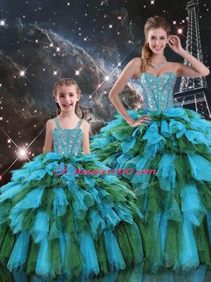 Multi-color Ball Gowns Organza Sweetheart Sleeveless Beading and Ruffles and Ruffled Layers Floor Length Lace Up Quinceanera Gown