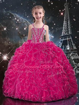 Ball Gowns Little Girls Pageant Dress Fuchsia Straps Organza Sleeveless Floor Length Lace Up
