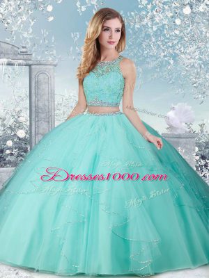 Simple Aqua Blue Sleeveless Floor Length Beading Clasp Handle Quinceanera Dress