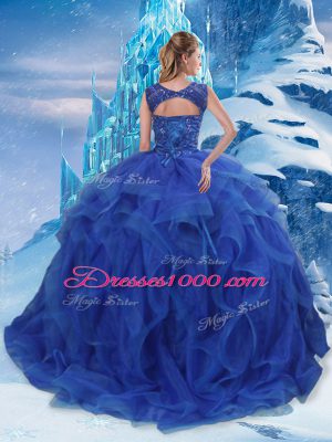 Blue Sleeveless Floor Length Beading and Ruffles Lace Up Ball Gown Prom Dress