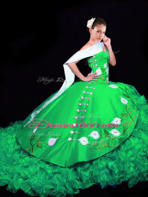 Green Sweetheart Lace Up Embroidery and Ruffles Quinceanera Gowns Brush Train Sleeveless