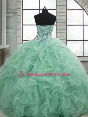 Glittering Sleeveless Floor Length Beading and Ruffles Lace Up Quince Ball Gowns with Apple Green
