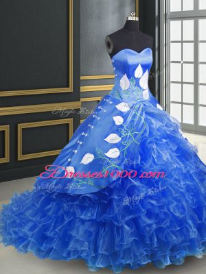 Blue Lace Up Ball Gown Prom Dress Embroidery and Ruffles Sleeveless Brush Train