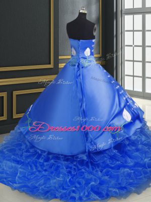 Blue Lace Up Ball Gown Prom Dress Embroidery and Ruffles Sleeveless Brush Train