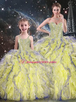 Dazzling Yellow Ball Gowns Sweetheart Sleeveless Organza Floor Length Lace Up Beading and Ruffles Sweet 16 Quinceanera Dress