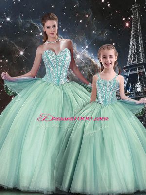 Dramatic Sweetheart Sleeveless Quinceanera Gown Floor Length Beading Turquoise Tulle