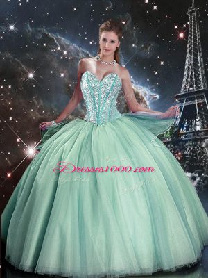 Dramatic Sweetheart Sleeveless Quinceanera Gown Floor Length Beading Turquoise Tulle