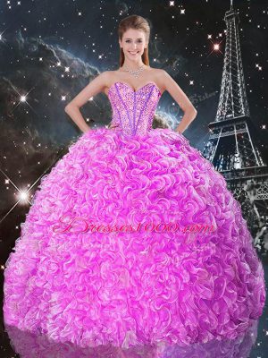 Fitting Fuchsia Organza Lace Up Sweet 16 Dresses Sleeveless Floor Length Beading and Ruffles