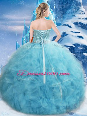 Floor Length Lace Up Ball Gown Prom Dress Aqua Blue for Military Ball and Sweet 16 and Quinceanera with Beading and Pick Ups