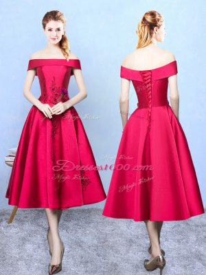 Amazing Wine Red Cap Sleeves Appliques Tea Length Bridesmaid Dress
