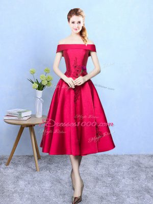 Amazing Wine Red Cap Sleeves Appliques Tea Length Bridesmaid Dress