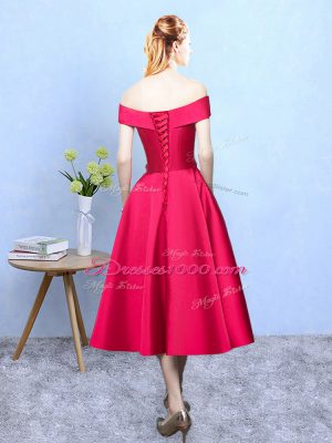 Amazing Wine Red Cap Sleeves Appliques Tea Length Bridesmaid Dress