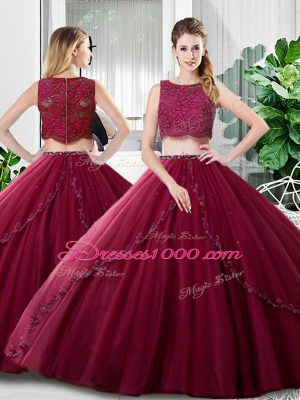 Sleeveless Tulle Floor Length Zipper Quinceanera Dress in Burgundy with Lace and Ruching