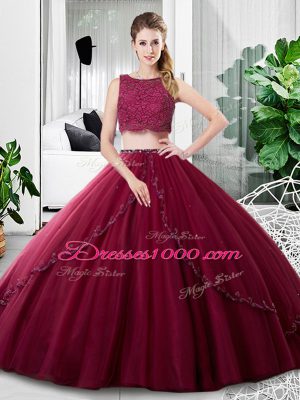 Sleeveless Tulle Floor Length Zipper Quinceanera Dress in Burgundy with Lace and Ruching