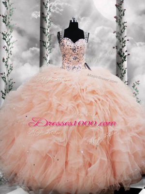 Floor Length Peach Vestidos de Quinceanera Tulle Sleeveless Beading and Ruffles