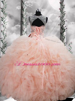 Floor Length Peach Vestidos de Quinceanera Tulle Sleeveless Beading and Ruffles