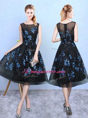 Eye-catching Blue And Black A-line Appliques Quinceanera Dama Dress Zipper Tulle Sleeveless Knee Length