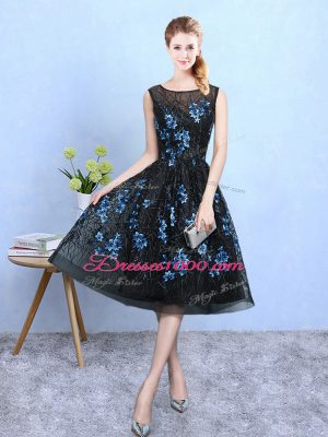 Eye-catching Blue And Black A-line Appliques Quinceanera Dama Dress Zipper Tulle Sleeveless Knee Length