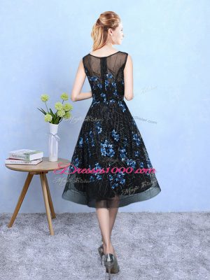 Eye-catching Blue And Black A-line Appliques Quinceanera Dama Dress Zipper Tulle Sleeveless Knee Length