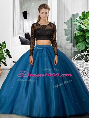 Captivating Scoop Long Sleeves Backless Sweet 16 Quinceanera Dress Blue Tulle