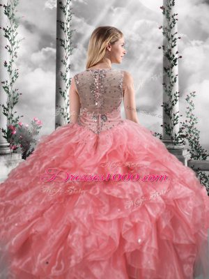 Cheap Floor Length Ball Gowns Sleeveless Watermelon Red Quinceanera Dresses Zipper