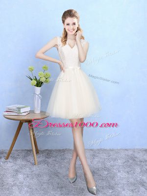 Deluxe Knee Length Champagne Quinceanera Dama Dress Tulle Sleeveless Lace
