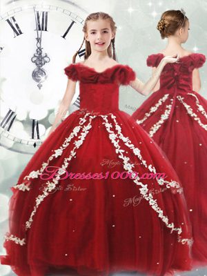 Custom Designed Tulle Off The Shoulder Sleeveless Brush Train Lace Up Appliques Little Girls Pageant Gowns in Wine Red