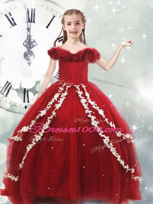 Custom Designed Tulle Off The Shoulder Sleeveless Brush Train Lace Up Appliques Little Girls Pageant Gowns in Wine Red