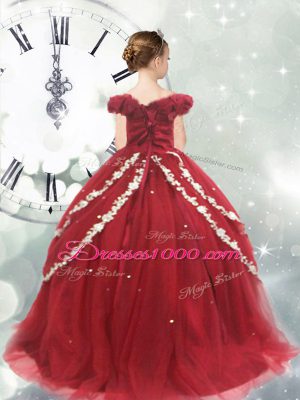 Custom Designed Tulle Off The Shoulder Sleeveless Brush Train Lace Up Appliques Little Girls Pageant Gowns in Wine Red