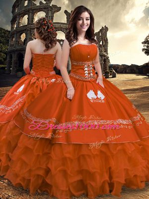 Affordable Floor Length Zipper Quince Ball Gowns Rust Red for Military Ball and Sweet 16 and Quinceanera with Embroidery and Ruffled Layers