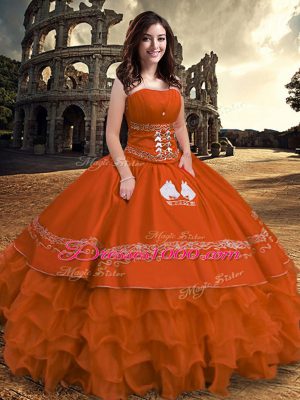 Affordable Floor Length Zipper Quince Ball Gowns Rust Red for Military Ball and Sweet 16 and Quinceanera with Embroidery and Ruffled Layers