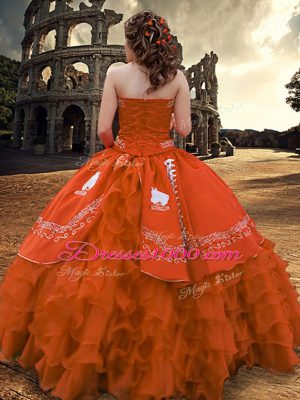 Affordable Floor Length Zipper Quince Ball Gowns Rust Red for Military Ball and Sweet 16 and Quinceanera with Embroidery and Ruffled Layers