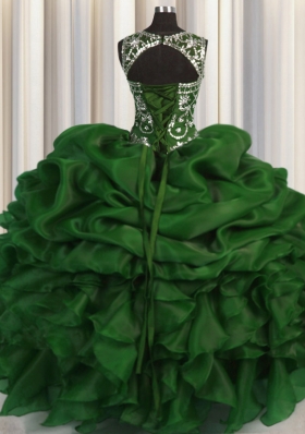 Super See Through Ball Gowns Vestidos de Quinceanera Dark Green Scoop Organza Sleeveless Floor Length Lace Up