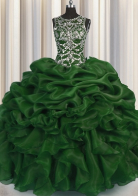 Super See Through Ball Gowns Vestidos de Quinceanera Dark Green Scoop Organza Sleeveless Floor Length Lace Up