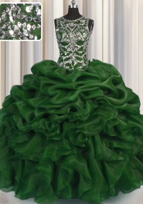 Super See Through Ball Gowns Vestidos de Quinceanera Dark Green Scoop Organza Sleeveless Floor Length Lace Up
