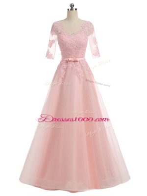 Custom Designed A-line Dress for Prom Pink Scoop Organza Short Sleeves Floor Length Zipper