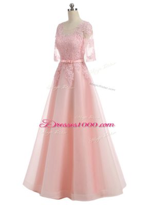 Custom Designed A-line Dress for Prom Pink Scoop Organza Short Sleeves Floor Length Zipper