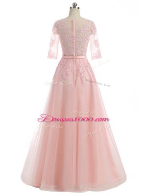 Custom Designed A-line Dress for Prom Pink Scoop Organza Short Sleeves Floor Length Zipper