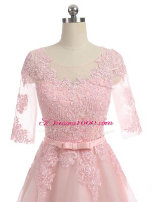 Custom Designed A-line Dress for Prom Pink Scoop Organza Short Sleeves Floor Length Zipper