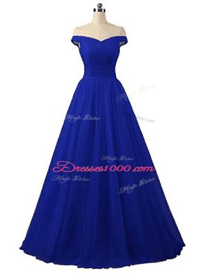 Sleeveless Floor Length Ruching Lace Up Prom Evening Gown with Royal Blue