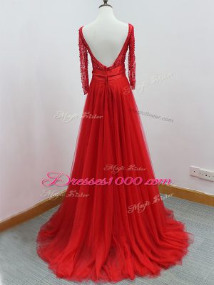 Wonderful Red Prom Dresses Scoop Long Sleeves Brush Train Backless