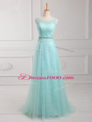 Customized Scoop Long Sleeves Evening Dress Floor Length Lace and Belt Apple Green Chiffon
