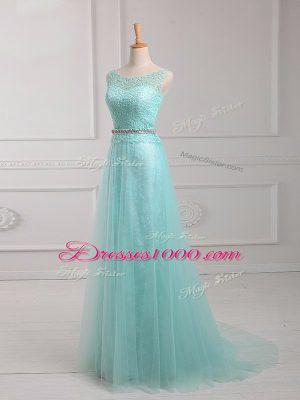 Customized Scoop Long Sleeves Evening Dress Floor Length Lace and Belt Apple Green Chiffon