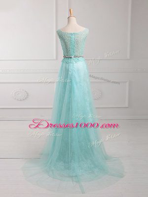 Customized Scoop Long Sleeves Evening Dress Floor Length Lace and Belt Apple Green Chiffon