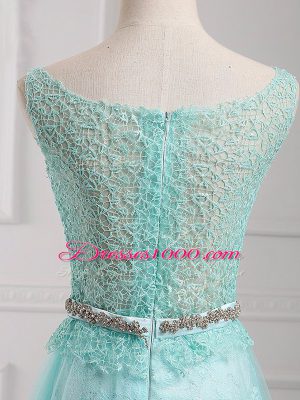 Customized Scoop Long Sleeves Evening Dress Floor Length Lace and Belt Apple Green Chiffon