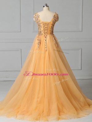 Glittering Gold Scoop Lace Up Appliques and Pattern Dress for Prom Brush Train Sleeveless