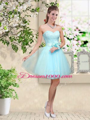 Aqua Blue Sleeveless Tulle Lace Up Dama Dress for Quinceanera for Prom and Party