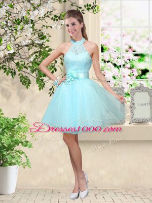 Aqua Blue Sleeveless Tulle Lace Up Dama Dress for Quinceanera for Prom and Party