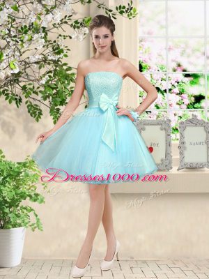 Aqua Blue Sleeveless Tulle Lace Up Dama Dress for Quinceanera for Prom and Party